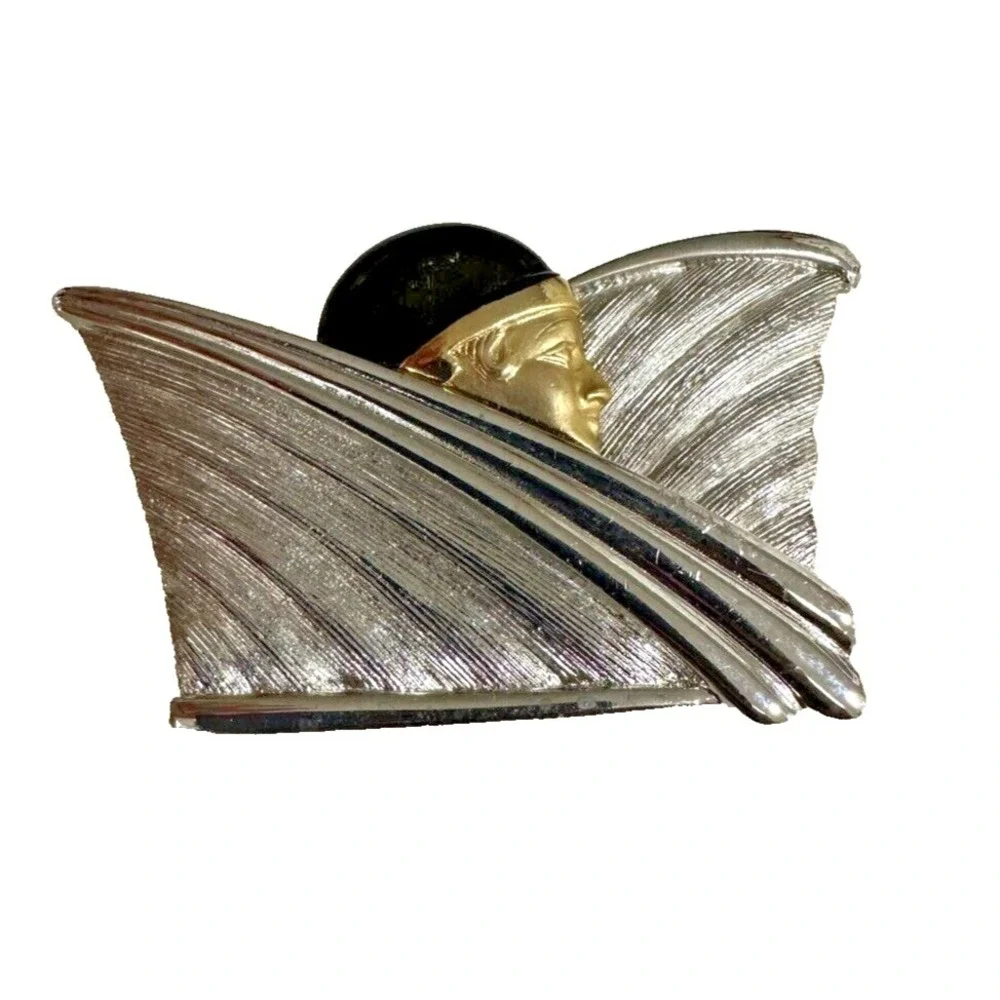 Art Deco Style Lady Brooch Pin Two Tone Mixed Metal Enamel Brooch Unsigned
